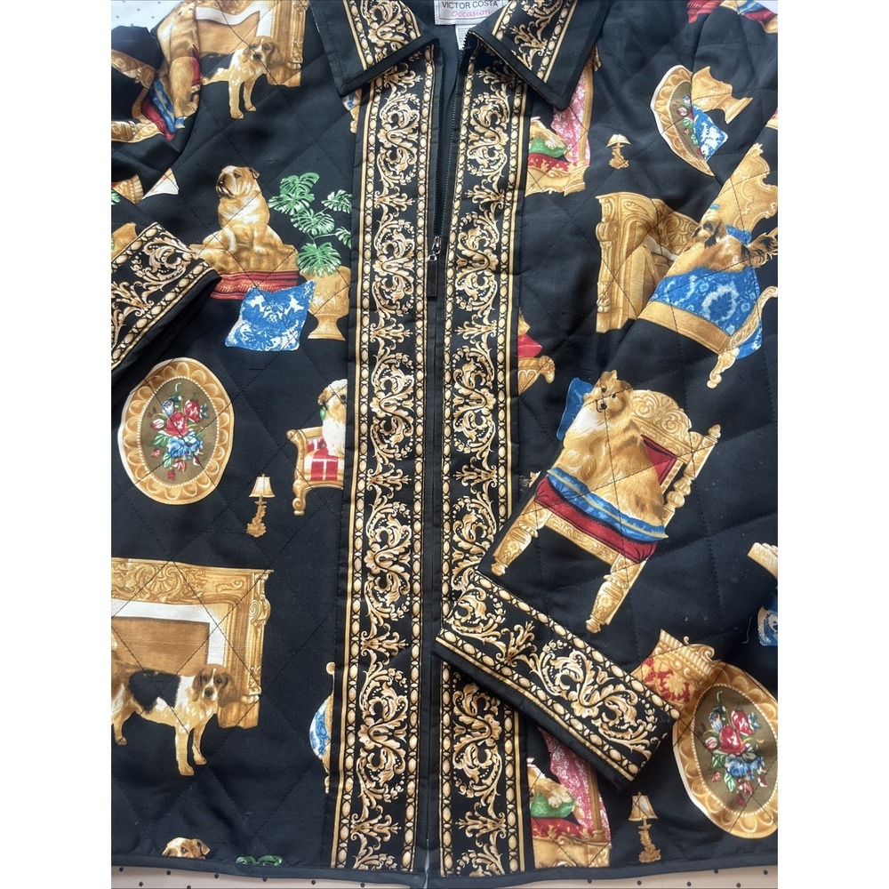 Vtg Victor Costa Occasion 100% Silk Quilted Dog Print Jacket Baroque Zip Small - Picture 5 of 14